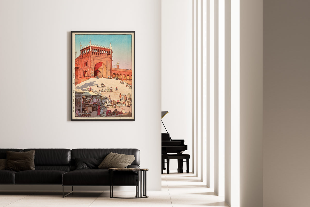 Framed art print of Jama Masjid, Delhi by Hiroshi Yoshida, on the wall of a minimal living room