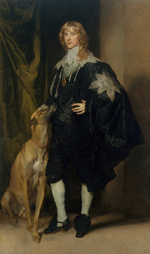 James Stuart (1612–1655), Duke of Richmond and Lennox by Anthony van Dyck — A young lord in black satin rests his hand on a leaning greyhound