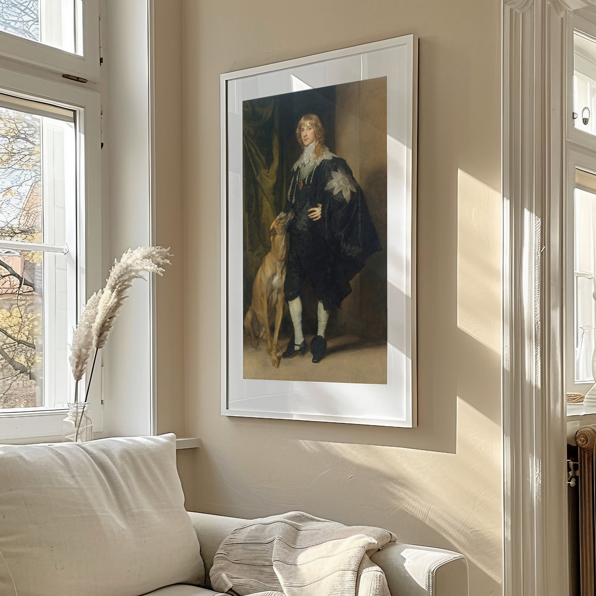 Framed art print of James Stuart (1612–1655), Duke of Richmond and Lennox by Anthony van Dyck, in a sunlit living room above a sofa