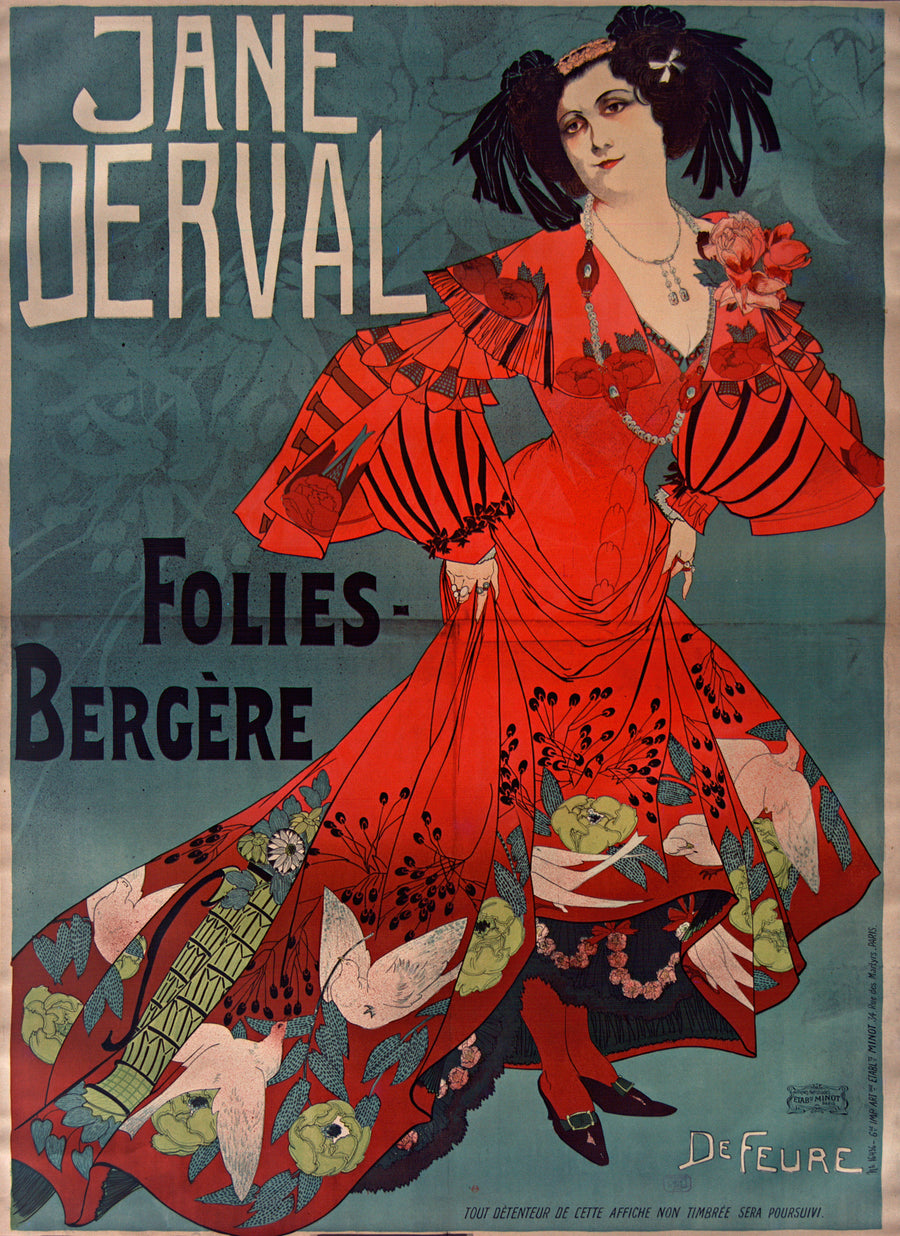 Georges de Feure — Jane Derval, Folies-Bergère | Vintage Poster Print shown to scale on a wall above a sofa