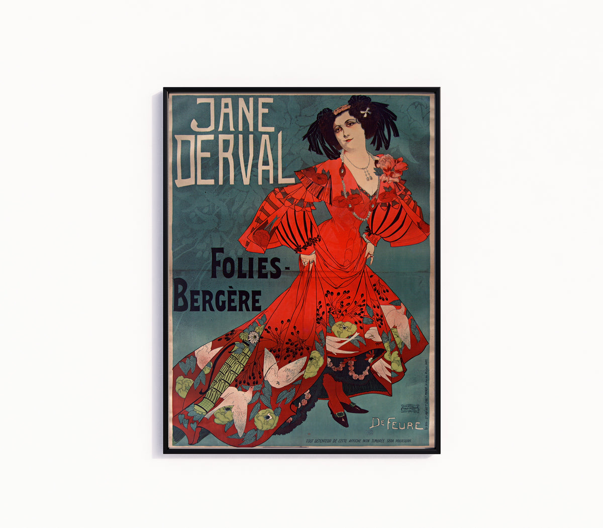 Framed art print of Jane Derval, Folies-Bergère by Georges de Feure, in a slim black frame on a plain white wall