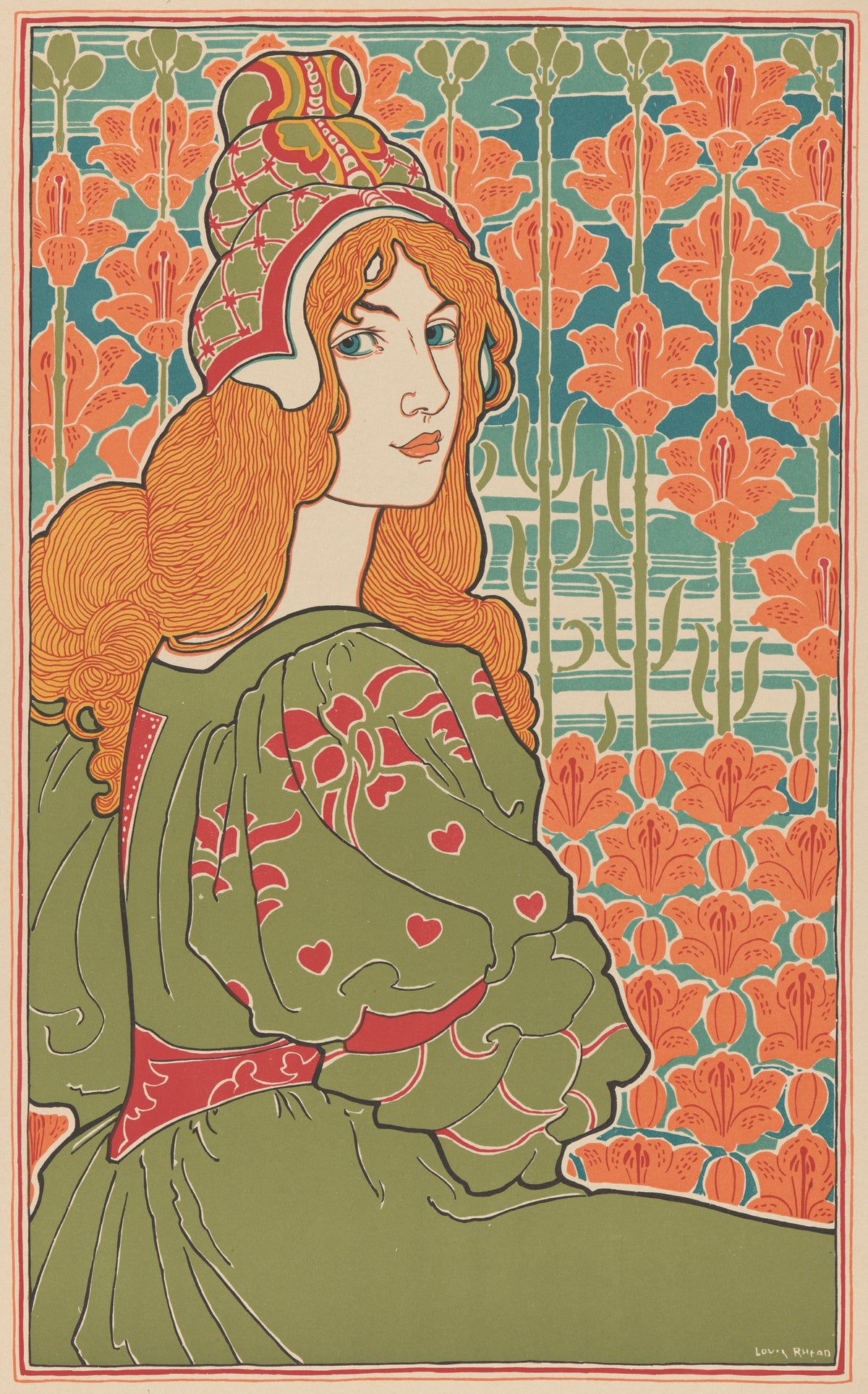 Jane by Louis Rhead — A red-gold-haired woman looks back among orange lilies