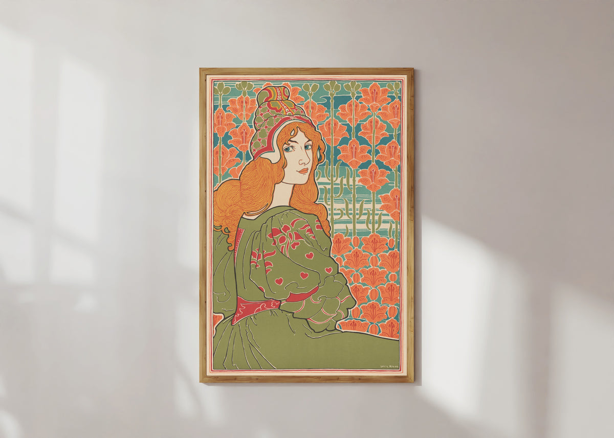 Framed art print of Jane by Louis Rhead, in a light wood frame on a sunlit white wall