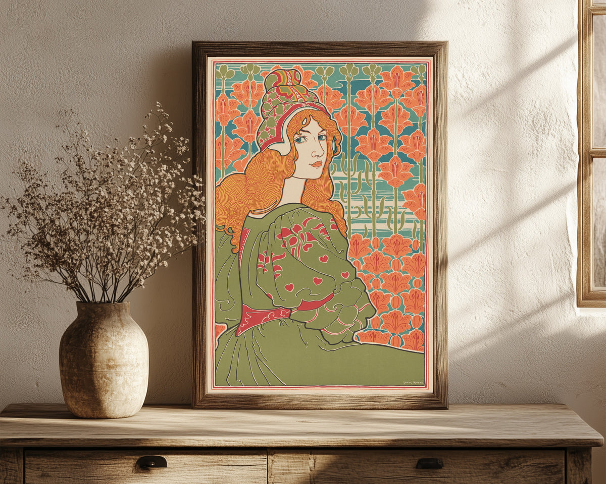 Framed art print of Jane by Louis Rhead, in a dark wood frame leaning on a rustic console beside dried flowers