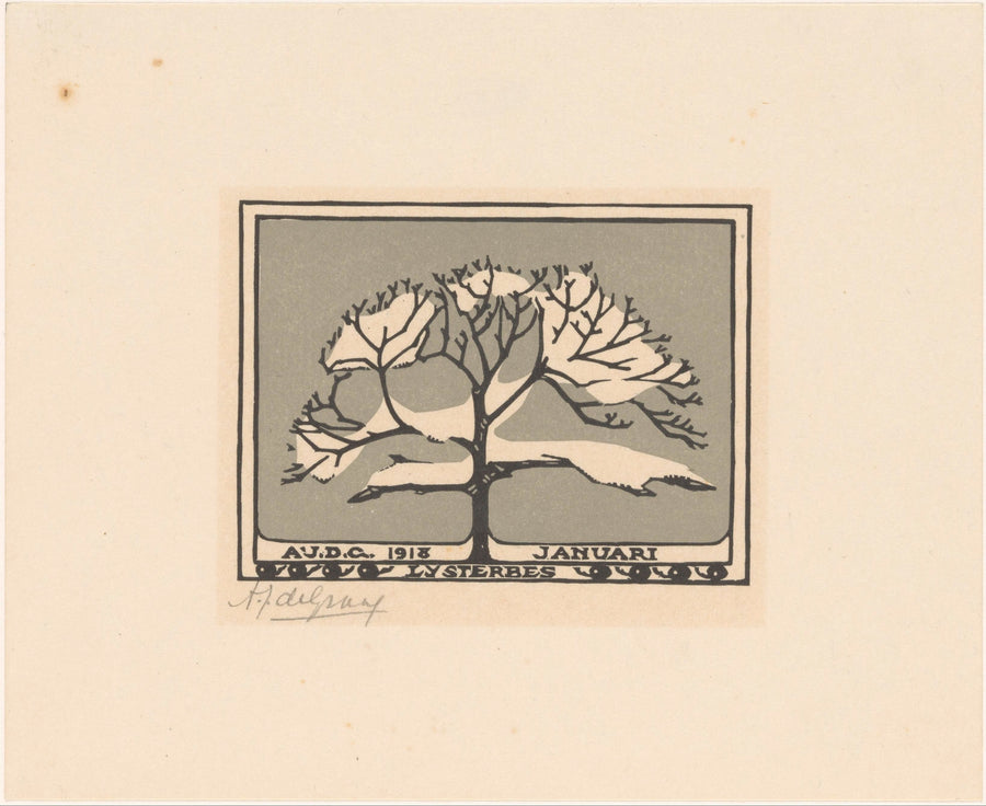 Julie de Graag — January | Woodcut Print shown to scale on a wall above a sofa