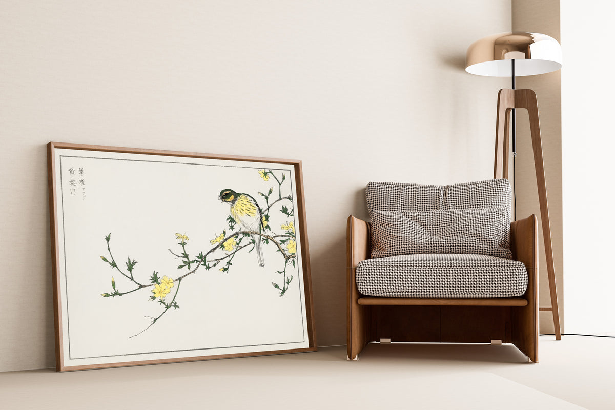 Numata Kashū — Black-faced Bunting and Winter Jasmine | Japanese Bird & Flower Woodblock Print