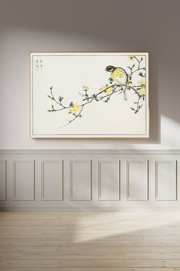 Numata Kashū — Black-faced Bunting and Winter Jasmine | Japanese Bird & Flower Woodblock Print