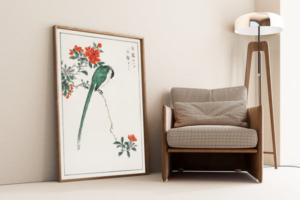 Numata Kashū — Azure-winged Magpie and Pomegranate | Japanese Bird & Flower Woodblock Print