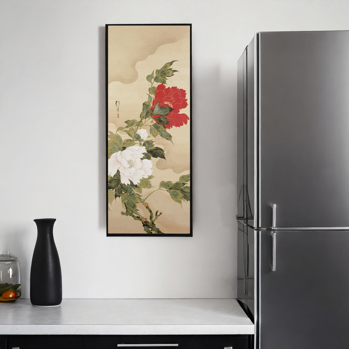 Peonies in the Wind by Sakai Hōitsu — framed on a kitchen wall