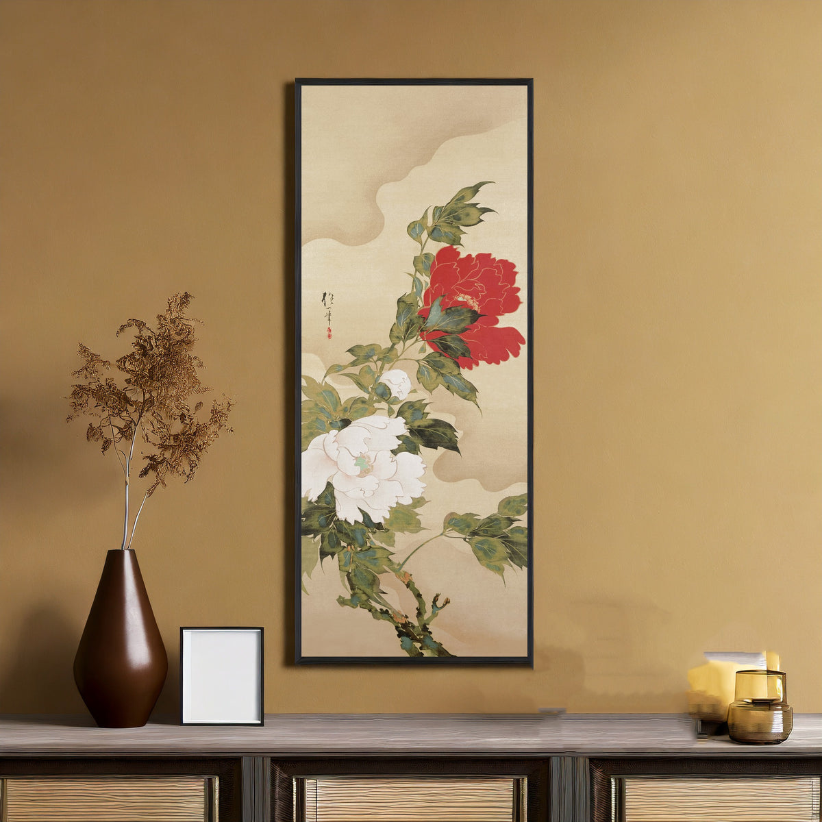 Peonies in the Wind by Sakai Hōitsu — framed on an ochre wall above a console table