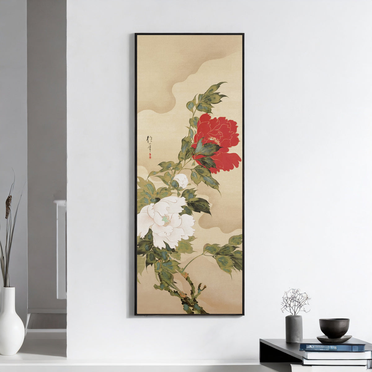 Peonies in the Wind by Sakai Hōitsu — framed on a white wall above books and a bowl