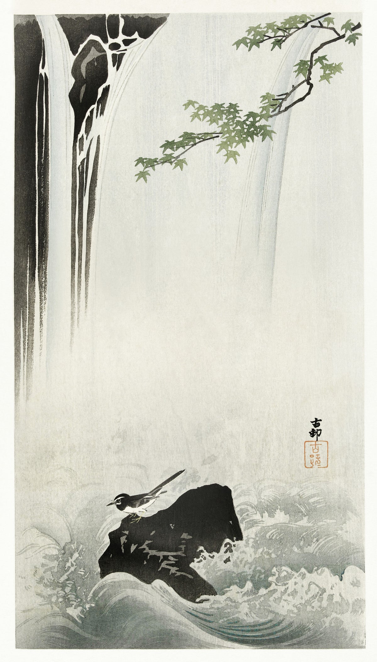 Japanese Wagtail at a Waterfall by Ohara Koson — A small wagtail stands on a black rock below a falling torrent