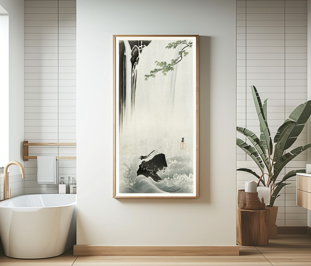 Framed art print of Japanese Wagtail at a Waterfall by Ohara Koson, in a bathroom beside a freestanding tub