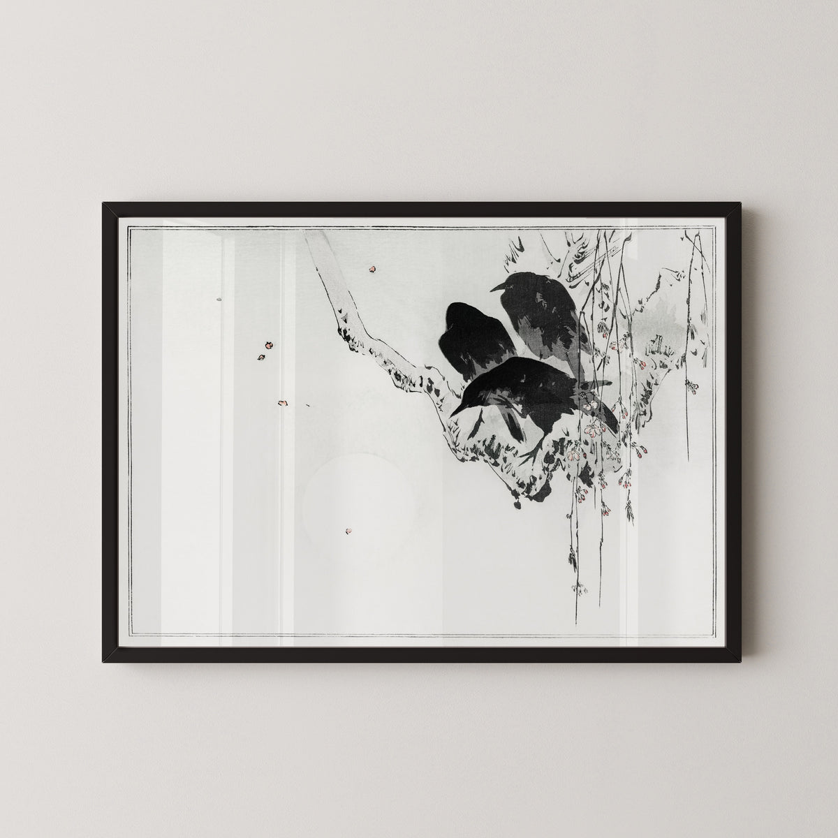 Watanabe Seitei — Japanese crows perched on a branch | Japanese Bird & Flower Woodblock Print