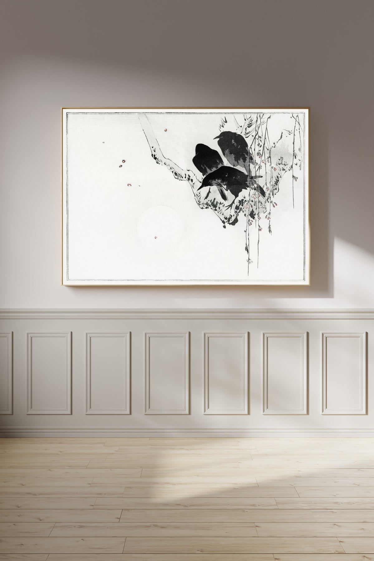 Watanabe Seitei — Japanese crows perched on a branch | Japanese Bird & Flower Woodblock Print