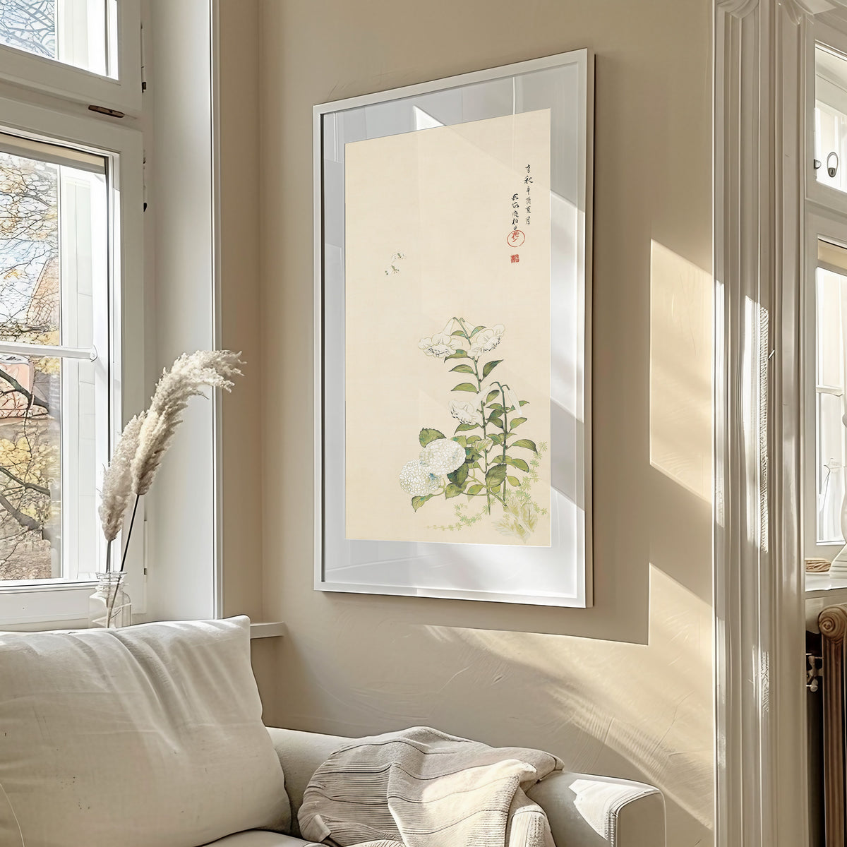 Lilies with Hydrangea and Hollyhocks (Single Screen Panel) by Sakai Hōitsu — framed in a sunlit living room above a sofa