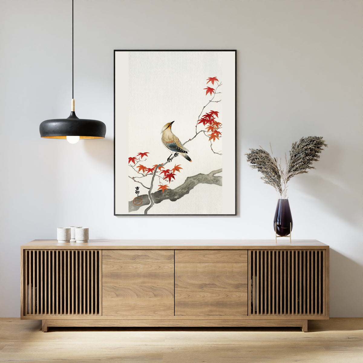 Ohara Koson — Waxwing on Maple | Japanese Bird & Flower Woodblock Print