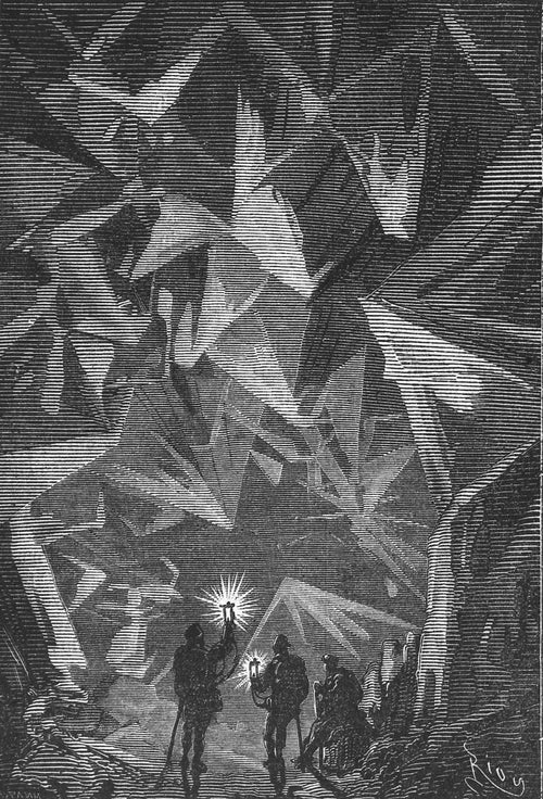Je m'imaginais voyager à travers un diamant (I imagined I was travelling through a diamond) by Édouard Riou — Explorers raise their lamps in a cavern of giant