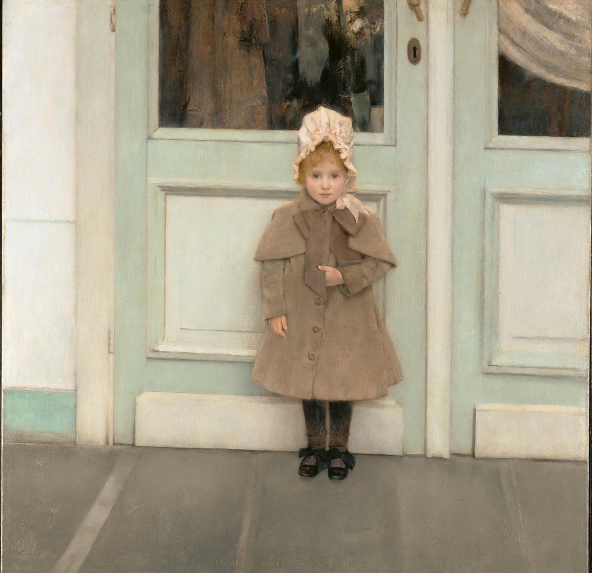 Jeanne Kéfer by Fernand Khnopff — A small girl in a bonnet stands alone before pale green doors