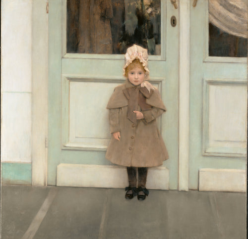 Jeanne Kéfer by Fernand Khnopff — A small girl in a bonnet stands alone before pale green doors