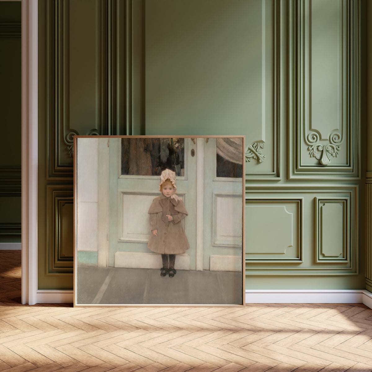 Framed art print of Jeanne Kéfer by Fernand Khnopff, leaning against olive-green panelling on a herringbone floor