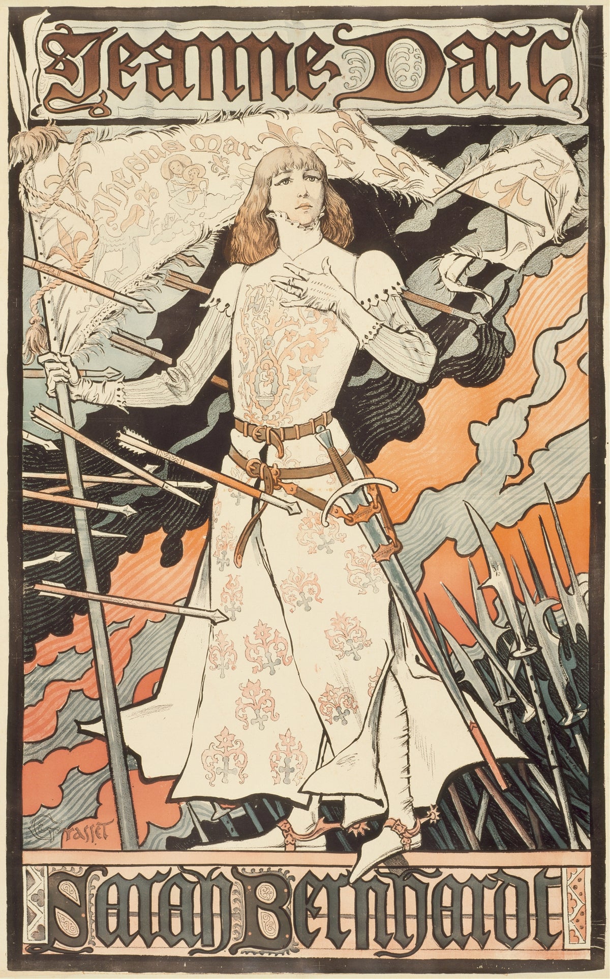 Jeanne d'Arc-Sarah Bernhardt by Eugène Grasset — Joan of Arc in a white tunic stands amid flying arrows and a banner