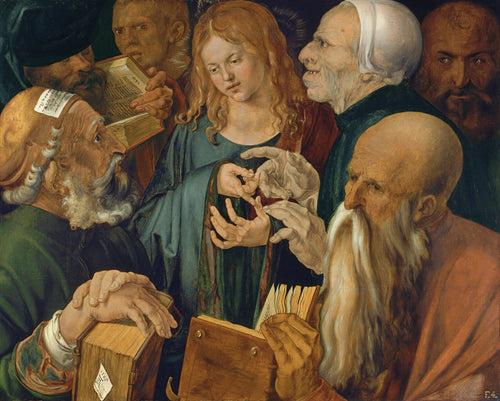 Jesus Among the Doctors by Albrecht Dürer — A long-haired youth is ringed by six elderly scholars