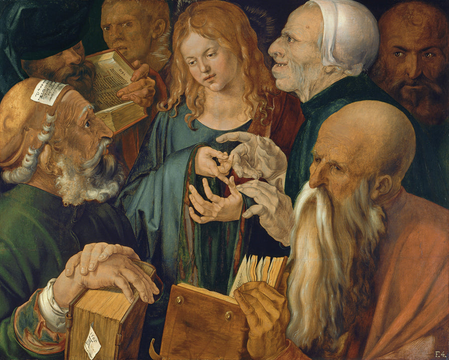 Albrecht Dürer — Jesus Among the Doctors | Fine Art Print shown to scale on a wall above a sofa