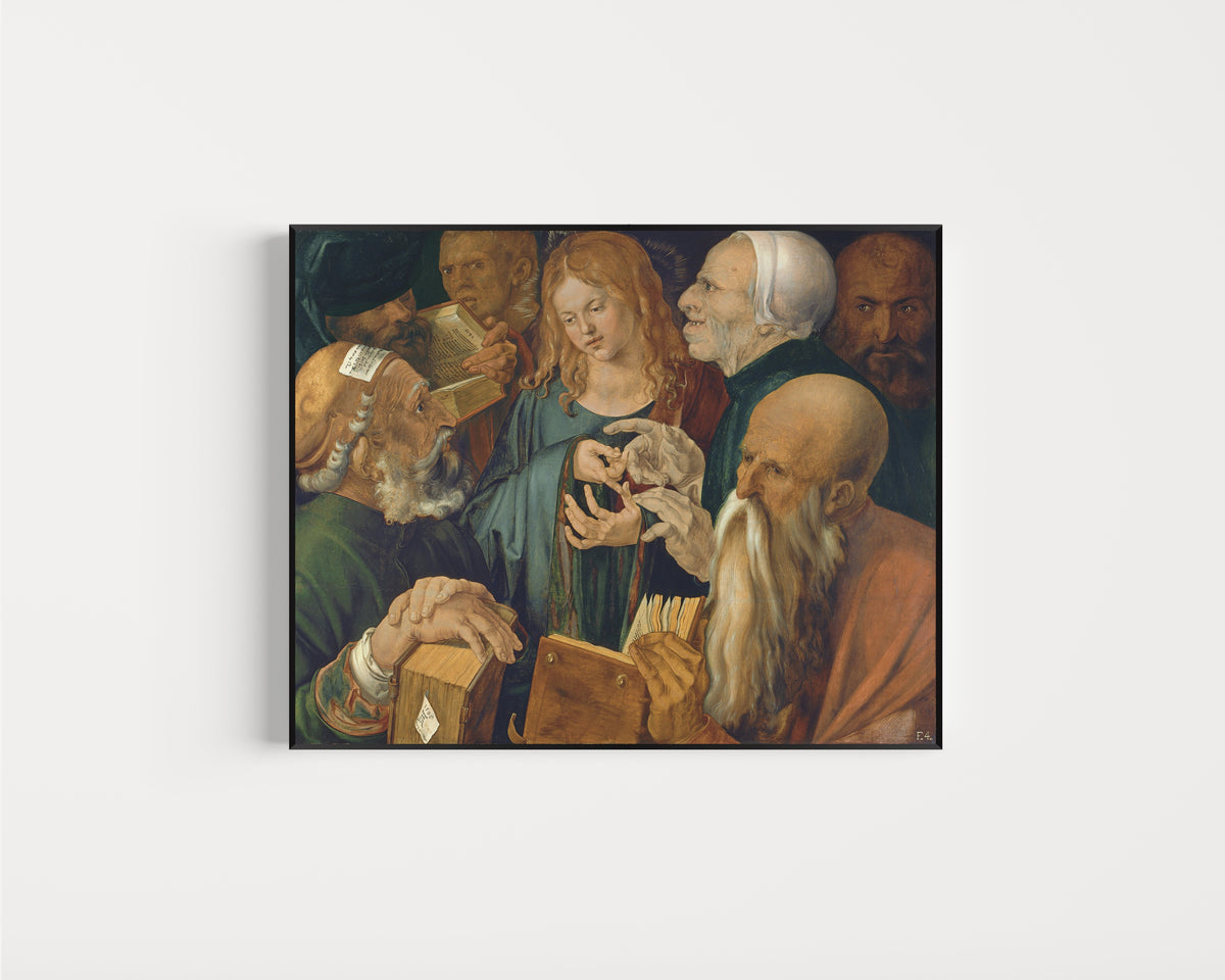 Framed art print of Jesus Among the Doctors by Albrecht Dürer, in a slim black frame on a plain white wall