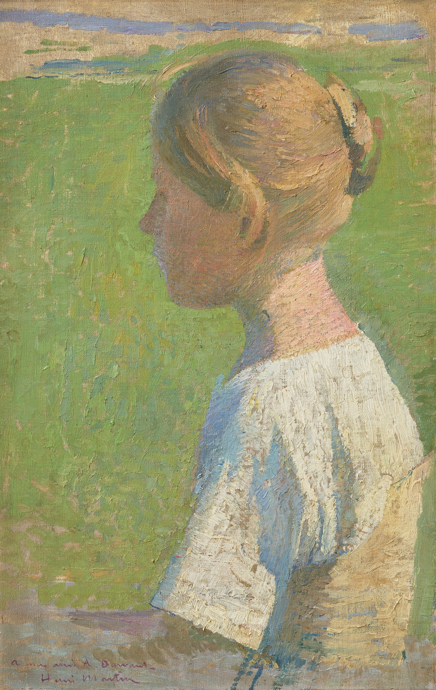 Henri Martin — Jeune femme de profil | Pointillist Portrait Print shown to scale on a wall above a sofa