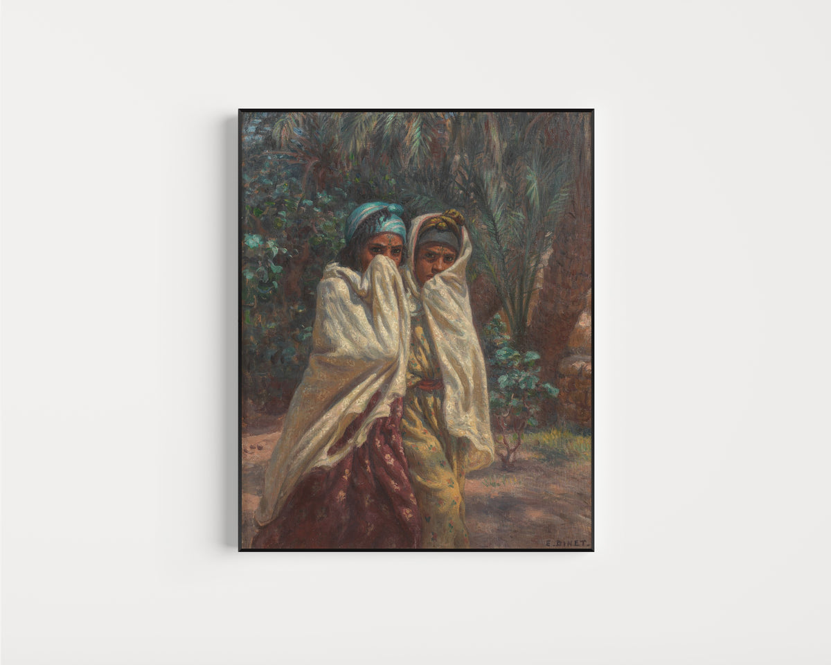 Framed art print of Jeunes filles revenant de la fête, claire de lune by Étienne Dinet, in a slim black frame on a plain white wall