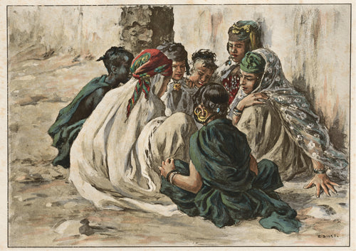 Jeux de fillettes à Laghouat by Étienne Dinet — Seven girls huddle over a game against a whitewashed wall