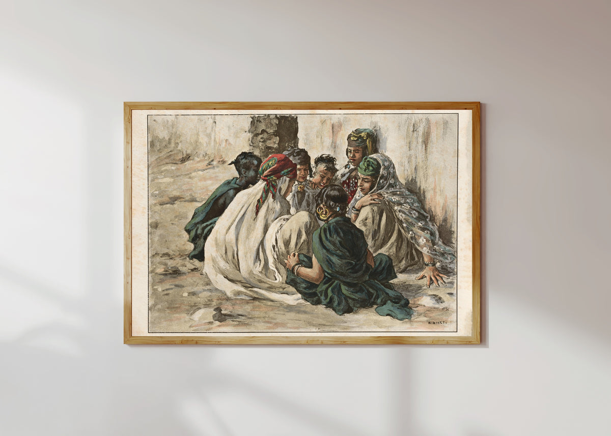 Framed art print of Jeux de fillettes à Laghouat by Étienne Dinet, in a light wood frame on a sunlit white wall