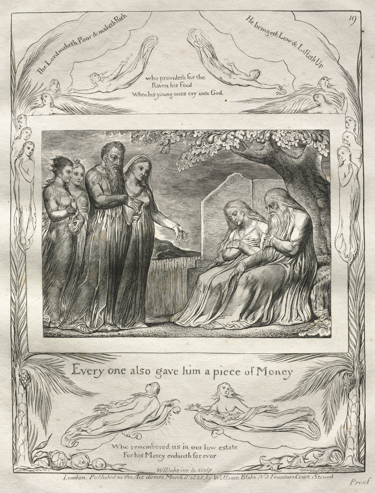 Job Accepting Charity (Book of Job, Plate 19) by William Blake — Visitors bring gifts to Job and his wife beneath a broad tree