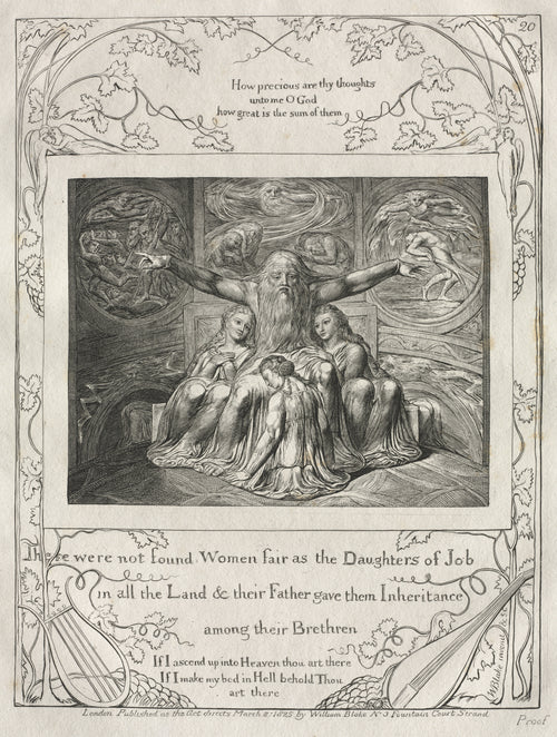 Job and His Daughters (Book of Job, Plate 20) by William Blake — Job tells his daughters his story in a room of painted roundels