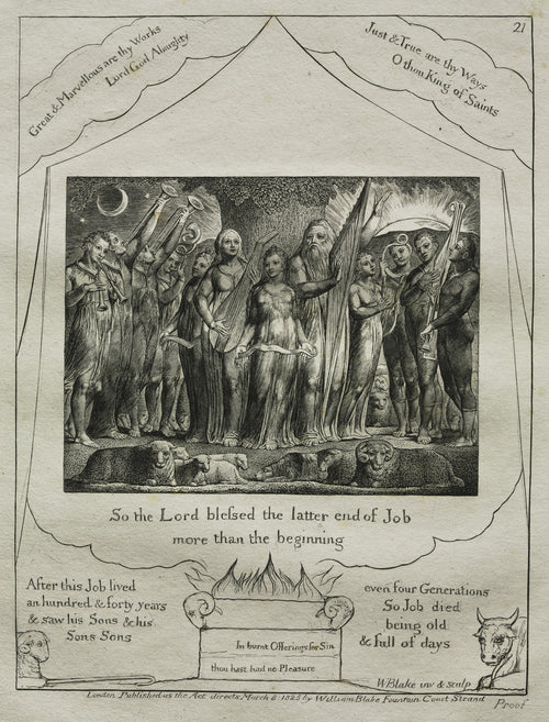 Job and His Wife Restored to Prosperity (Book of Job, Plate 21) by William Blake — Job and his family play music beneath the moon in their restored days
