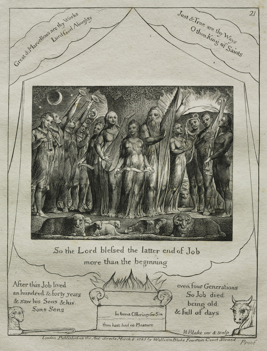 William Blake — Job and His Wife Restored to Prosperity (Book of Job, Plate 21) | Engraving Print shown to scale on a wall above a sofa