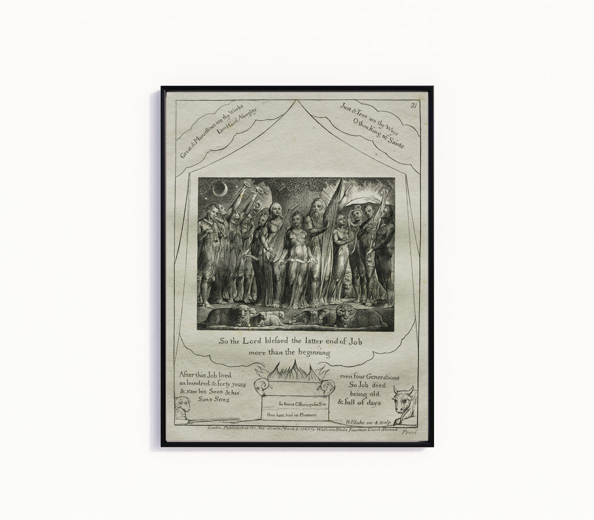 Framed art print of Job and His Wife Restored to Prosperity (Book of Job, Plate 21) by William Blake, in a slim black frame on a plain white wall