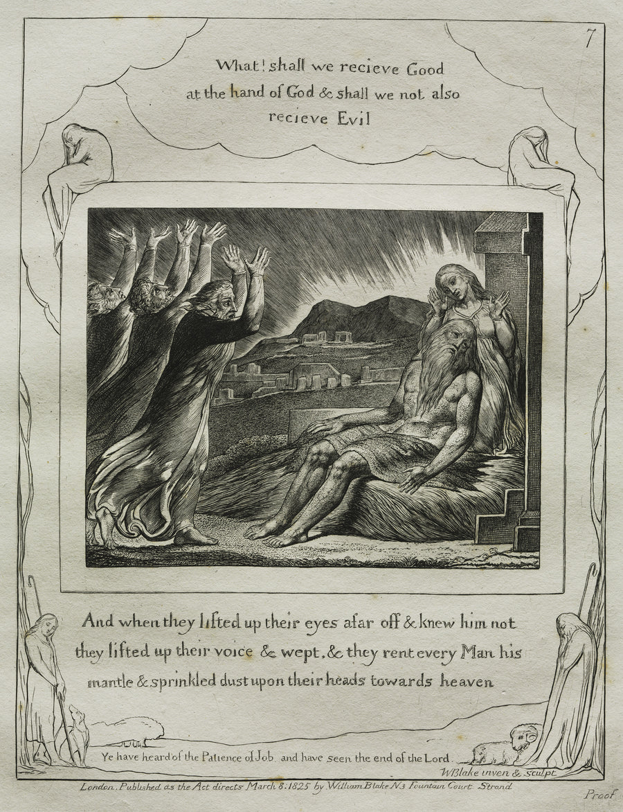 William Blake — Job's Comforters (Book of Job, Plate 7) | Engraving Print shown to scale on a wall above a sofa