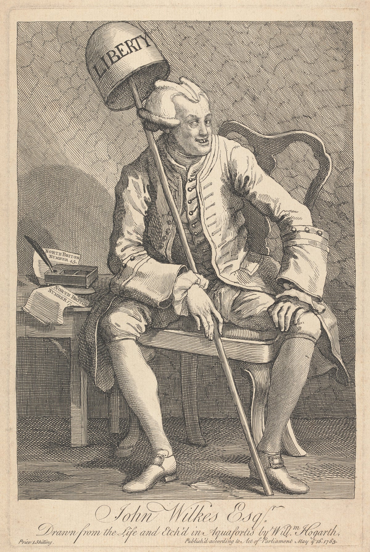 John Wilkes, Esq. by William Hogarth — A grinning man in a powdered wig props a staff topped by a Liberty cap