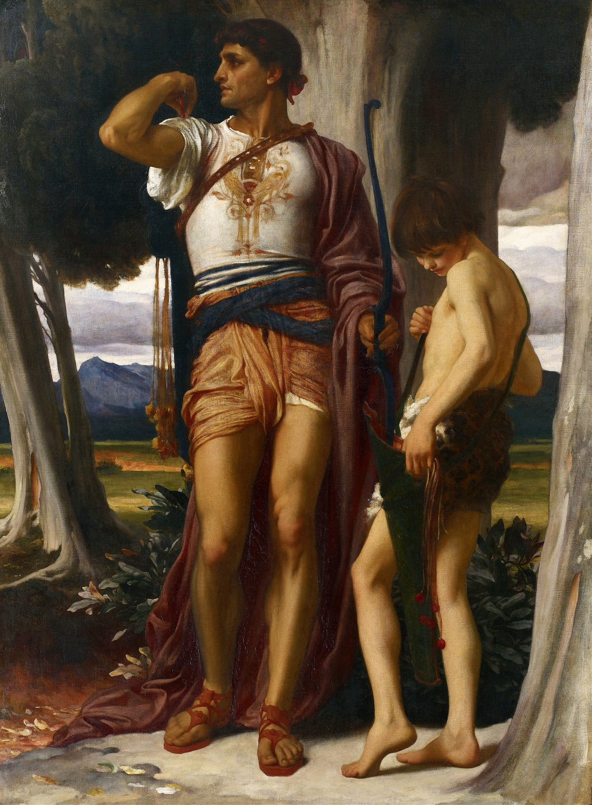 Jonathan's Token to David by Frederic Leighton — Jonathan stands with his bow as a boy looks down at the quiver