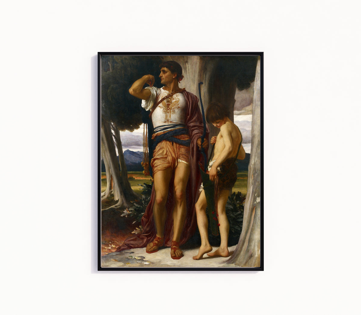 Framed art print of Jonathan's Token to David by Frederic Leighton, in a slim black frame on a plain white wall