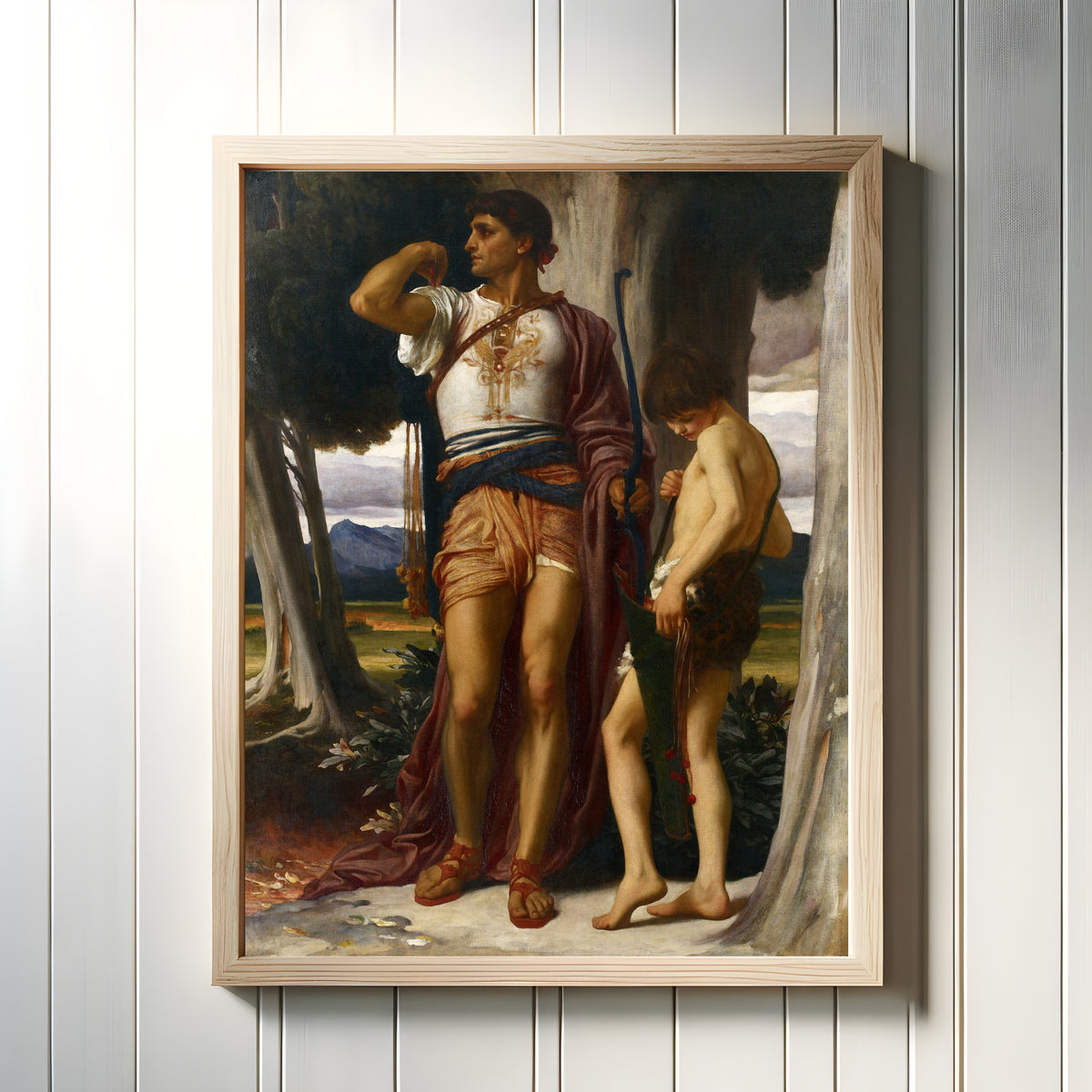 Framed art print of Jonathan's Token to David by Frederic Leighton, in a light wood frame on a white panelled wall