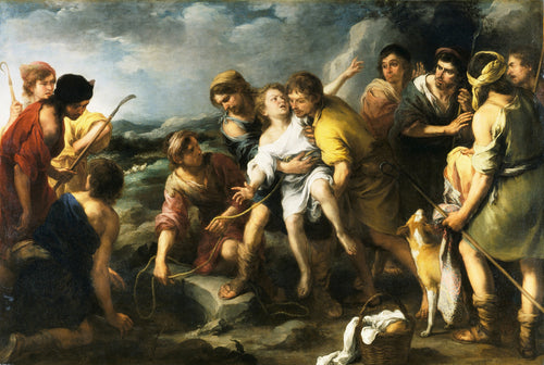 Joseph and his Brethren by Bartolomé Esteban Murillo — A youth clasped by one shepherd as a crowd of herdsmen presses round