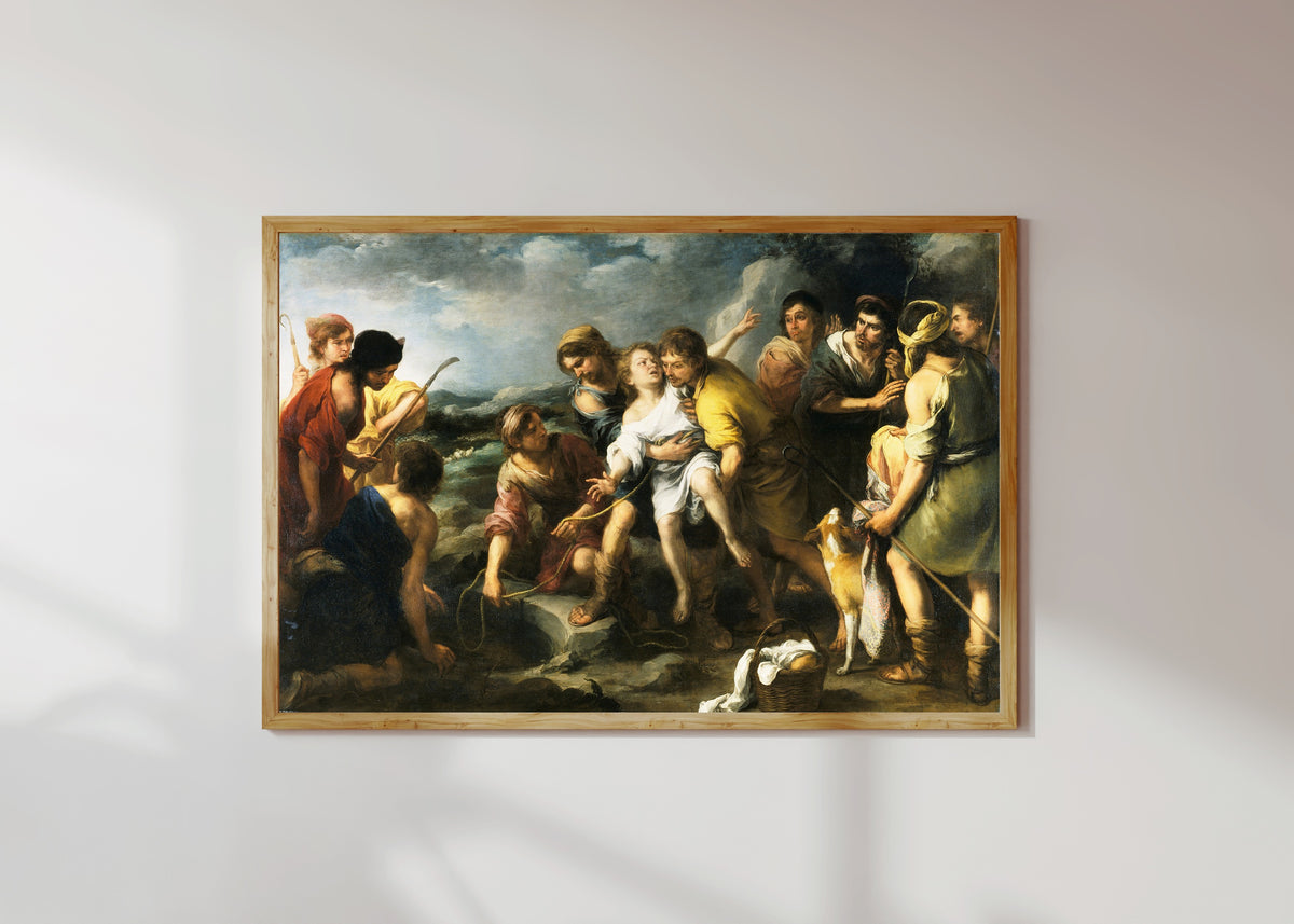 Framed art print of Joseph and his Brethren by Bartolomé Esteban Murillo, in a light wood frame on a sunlit white wall