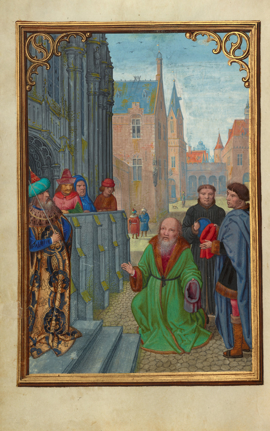 Simon Bening — Joseph of Arimathea Before Pilate | Illuminated Manuscript Print shown to scale on a wall above a sofa