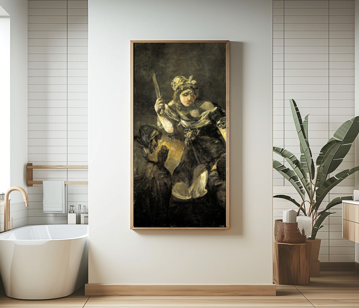 Framed art print of Judith and Holofernes by Francisco de Goya, in a bathroom beside a freestanding tub