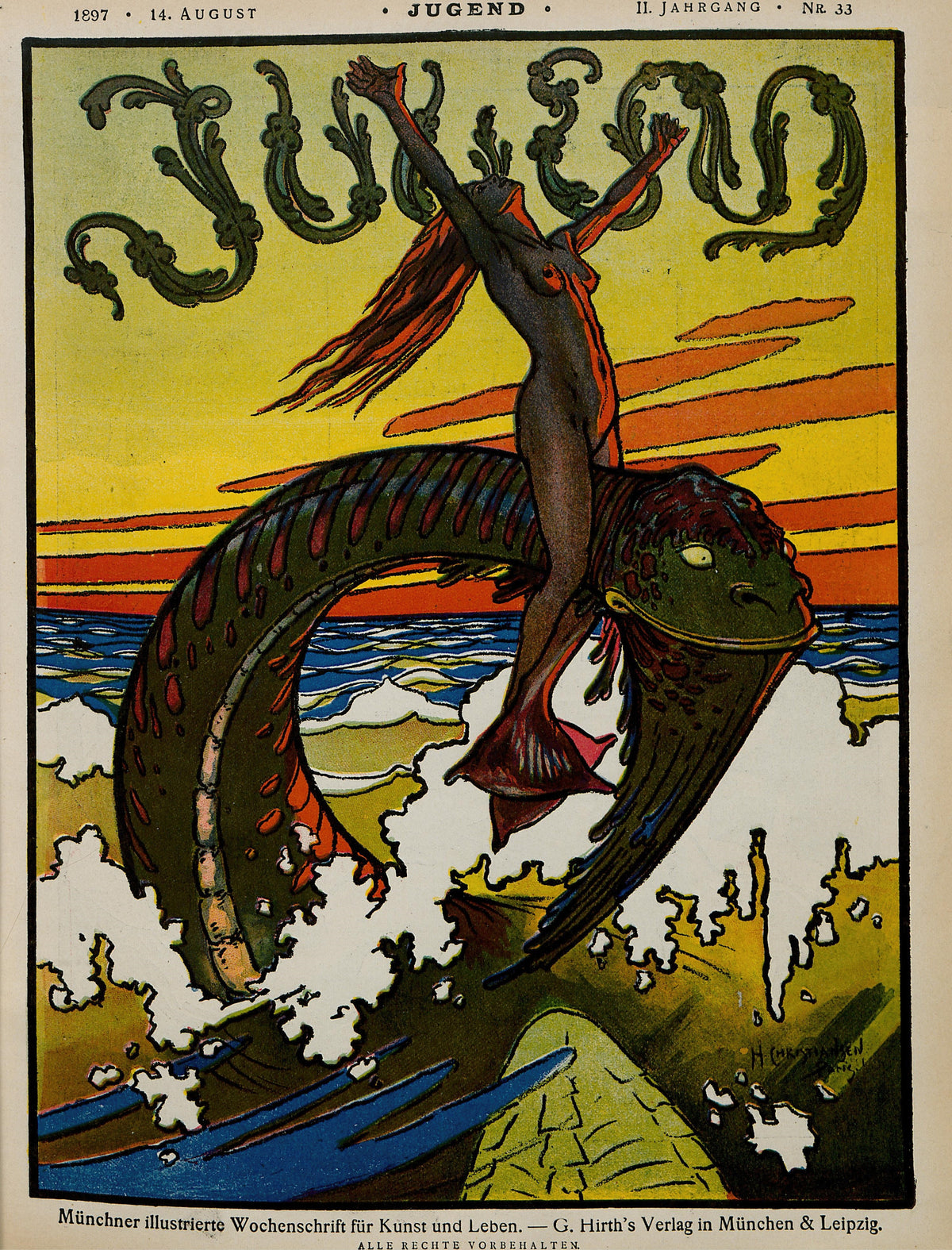 Jugend, No. 33 by Hans Christiansen — A woman rides a green sea monster beneath an orange sunset