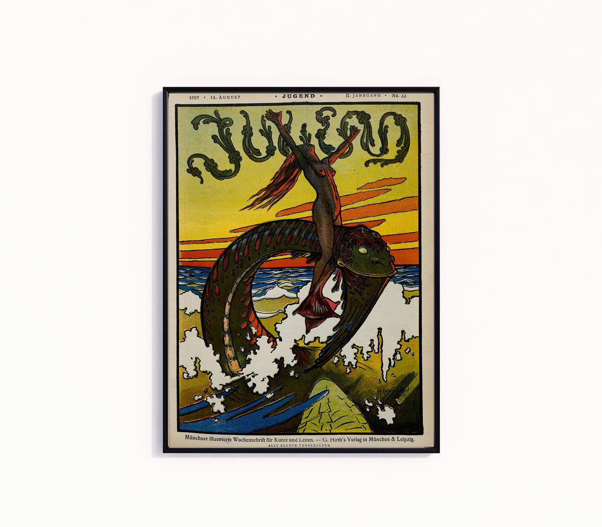 Framed art print of Jugend, No. 33 by Hans Christiansen, in a slim black frame on a plain white wall