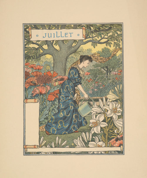 Juillet by Eugène Grasset — A woman in a patterned blue gown waters white lilies among poppies